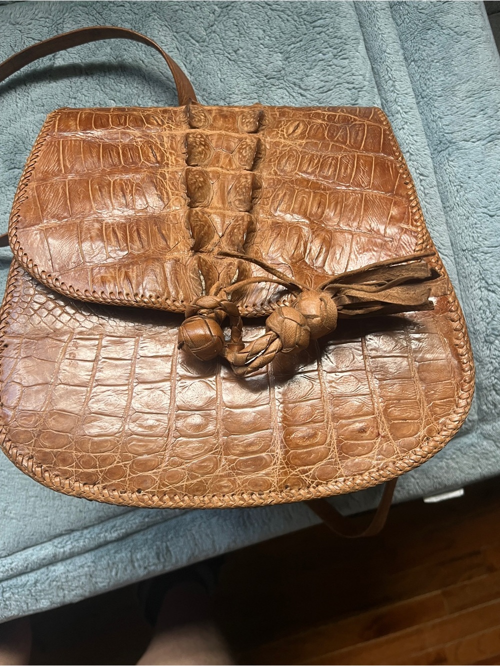 Croc-Embossed Leather Tassel Shoulder Bag in Cognac